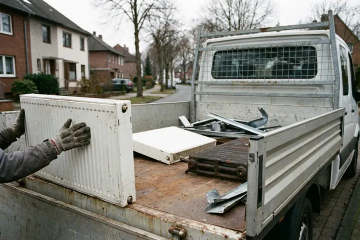 Pritschenwagen in einer Wohnstraße wird mit alten Heizkörpern und Metallteilen beladen, Hände in Arbeitshandschuhen heben einen Heizkörper auf die Ladefläche