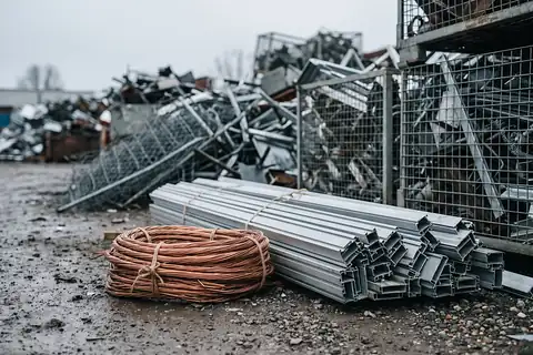 Gebündelter Kupferdraht und verschnürte Aluminiumprofile im Vordergrund eines Schrottplatzes, dahinter unscharf Metallhaufen und Gitterboxen