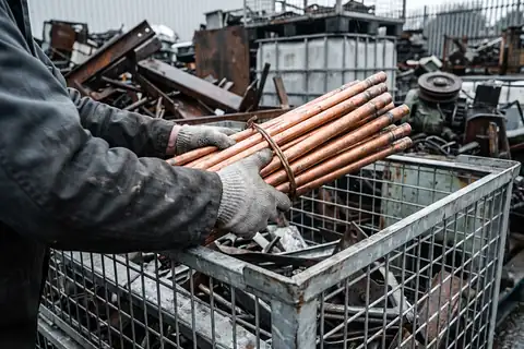 Hände in grauen Arbeitshandschuhen legen ein Bündel Kupferrohre in eine verzinkte Gitterbox