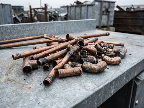 Ausgebaute Kupferrohre, Bögen und T-Stücke mit alten Lötstellen und grüner Patina auf einem verzinkten Arbeitstisch auf dem Schrottplatz
