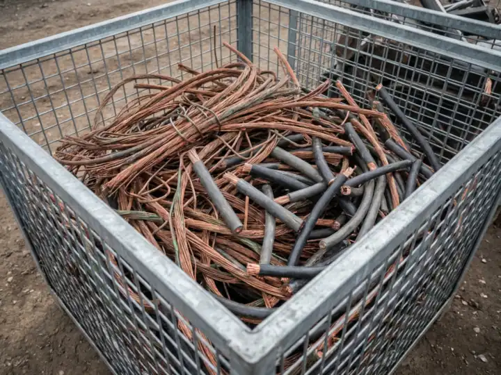 Gitterbox aus verzinktem Stahl, gefüllt mit Kupferkabelresten: blanke Kupferlitzen und abgeschnittene Kabel mit grauer und schwarzer Isolierung