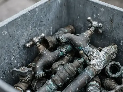 Alte Wasserhähne, Ventile und Rohrverbinder aus Messing mit Patina und Kalkresten in einer grauen Metallkiste