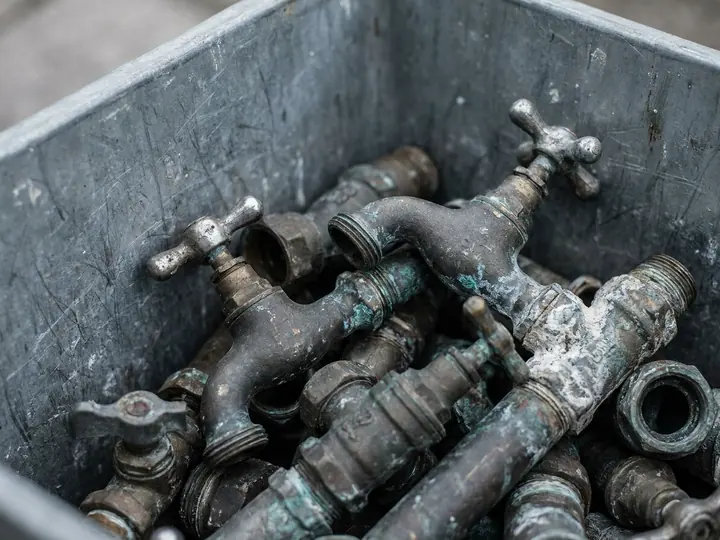 Alte Wasserhähne, Ventile und Rohrverbinder aus Messing mit Patina und Kalkresten in einer grauen Metallkiste