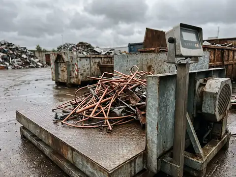 Bodenwaage mit Riffelblech-Plattform auf einem Schrottplatz, darauf Kupferrohre und Metallschrott, daneben das Anzeigegerät der Waage